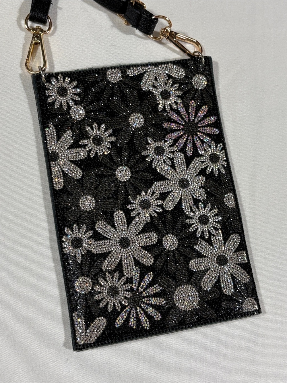 Black Floral Crystal Crossbody Leather Pouch 5” x 7”  New!